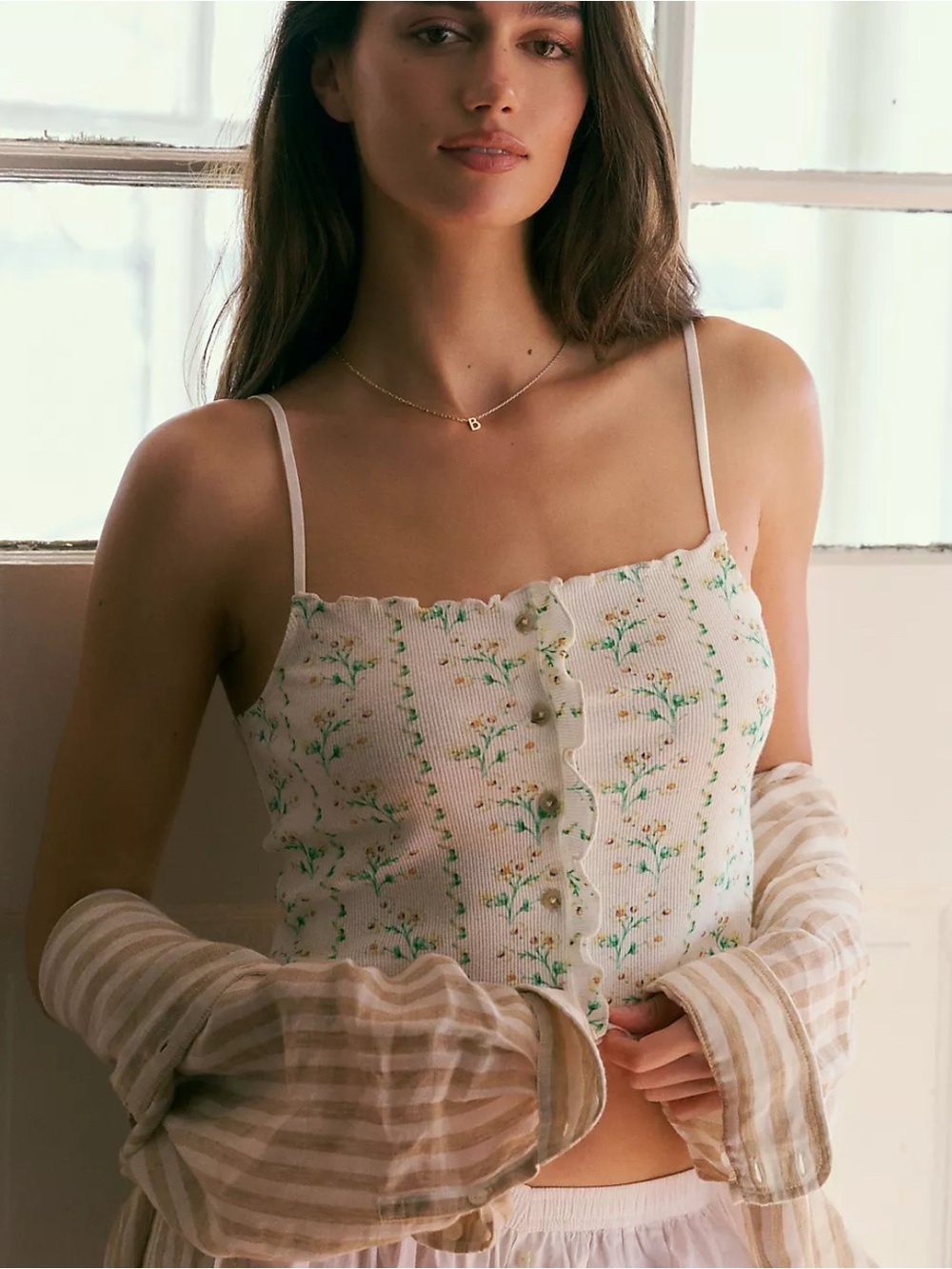 Anthropologie Cream Ribbed Floral Button-Front Cami with Green Print
